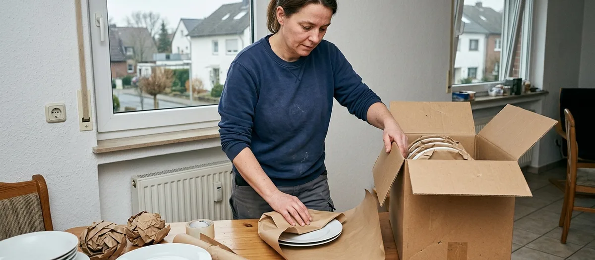 Helferin wickelt Teller einzeln in Packpapier und stellt sie hochkant in einen Umzugskarton
