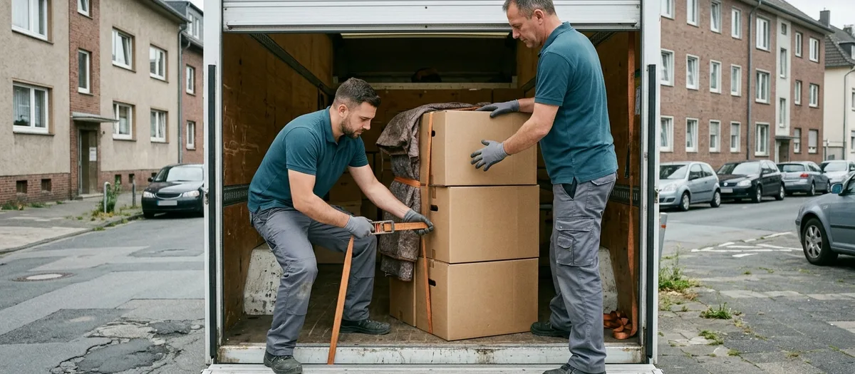 Zwei Helfer sichern die Ladung in einem Transporter mit Spanngurten, Kartons stehen gestapelt