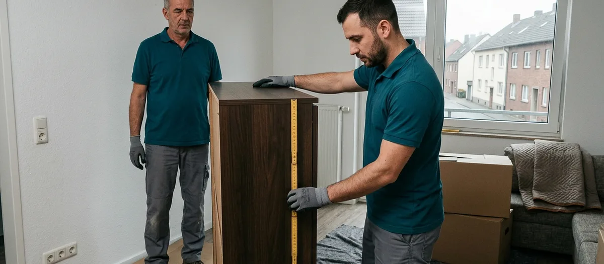 Zwei Mitarbeiter messen einen Schrank mit dem Zollstock aus, einer hält die Deckplatte fest
