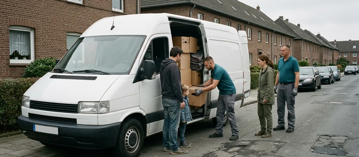 Familie steht vor dem beladenen Umzugswagen, ein Helfer schiebt die letzte Kiste hinein