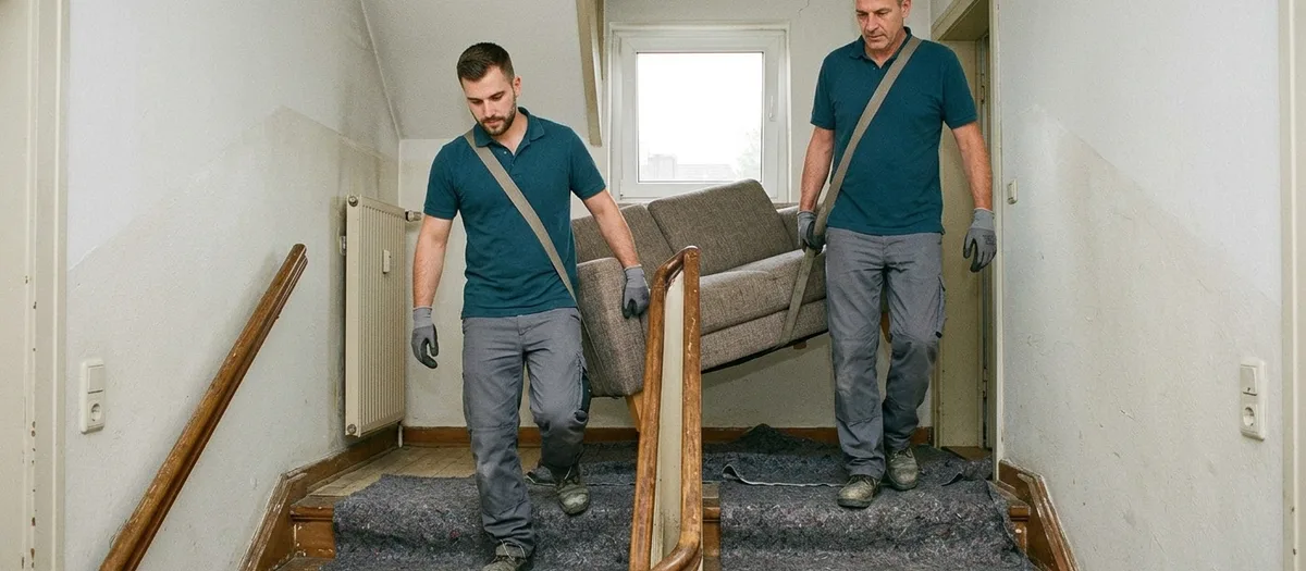 Zwei Helfer tragen mit Gurten ein Sofa eine Treppe hinunter, die Stufen sind mit Decken abgedeckt