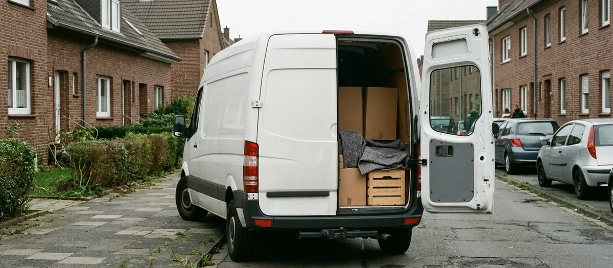 Weißer Transporter mit offener Hecktür in einer schmalen Siedlungsstraße mit Reihenhäusern