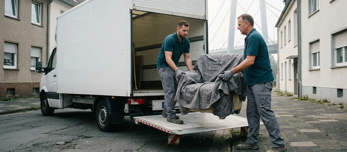 Umzugswagen mit offener Hecktür am Straßenrand, zwei Träger reichen sich einen in Decken gewickelten Sessel, im Hintergrund die Stahlpylonen einer Rheinbrücke im Morgenlicht