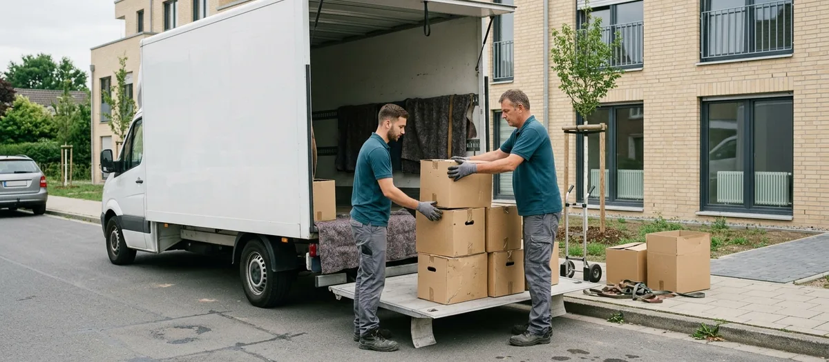 Zwei Umzugshelfer stapeln Kartons auf einer Ladebordwand vor einer neu gebauten Wohnzeile mit hellem Klinker, im Hintergrund eine breite Zufahrt und junge Bäume