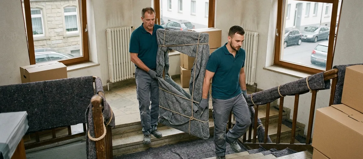 Zwei Träger balancieren einen in Decken geschlagenen Spiegel über breite Natursteinstufen eines Altbautreppenhauses, Holzhandlauf und Treppenkanten sind mit Filz abgedeckt