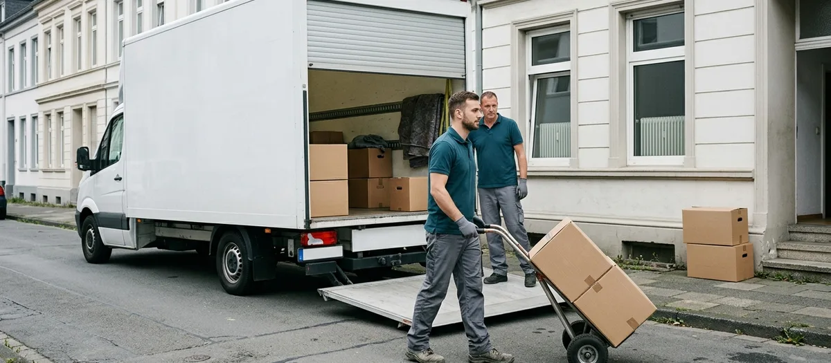 Umzugswagen mit heruntergelassener Ladebordwand am Bordstein einer Gründerzeitstraße, ein Helfer rollt eine Sackkarre mit zwei Kartons zur Haustür