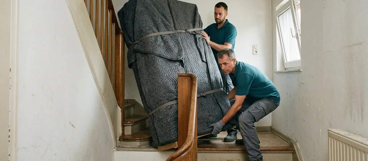 Zwei Träger setzen einen in Decken geschlagenen Schrank im Treppenhaus eines zweigeschossigen Siedlungshauses um die Wendung
