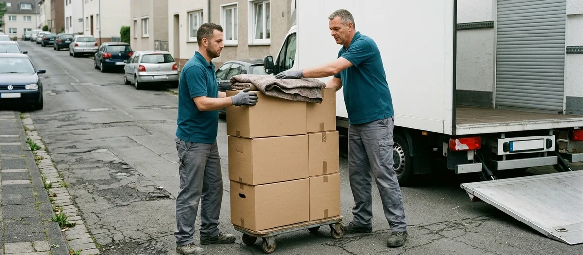 Zwei Helfer sichern einen Stapel Kartons auf einem Rollbrett in einer abschüssigen Wohnstraße, der Wagen steht mit geöffneter Ladebordwand am Bordstein