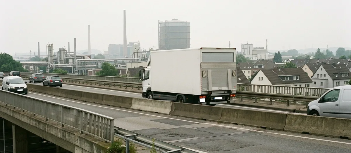 Beladener Kofferwagen mit geschlossener Ladebordwand auf einer Autobahnbrücke, im Hintergrund Schornsteine und ein Gasbehälter
