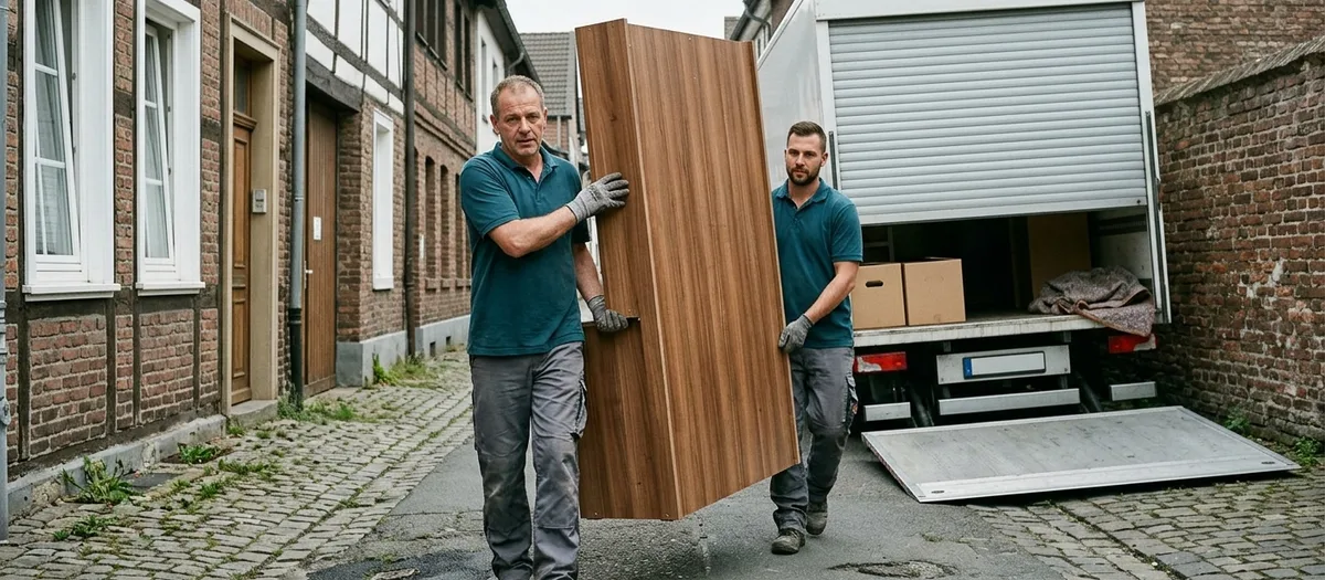 Zwei Helfer tragen einen zerlegten Kleiderschrank durch eine schmale gepflasterte Altstadtgasse zu einem Umzugswagen, der am Ende der Gasse an einer alten Backsteinmauer wartet
