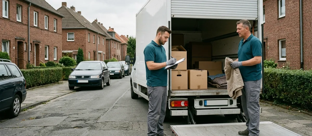 Helfer notiert auf einem Klemmbrett vor einem beladenen Transporter die Arbeitszeit