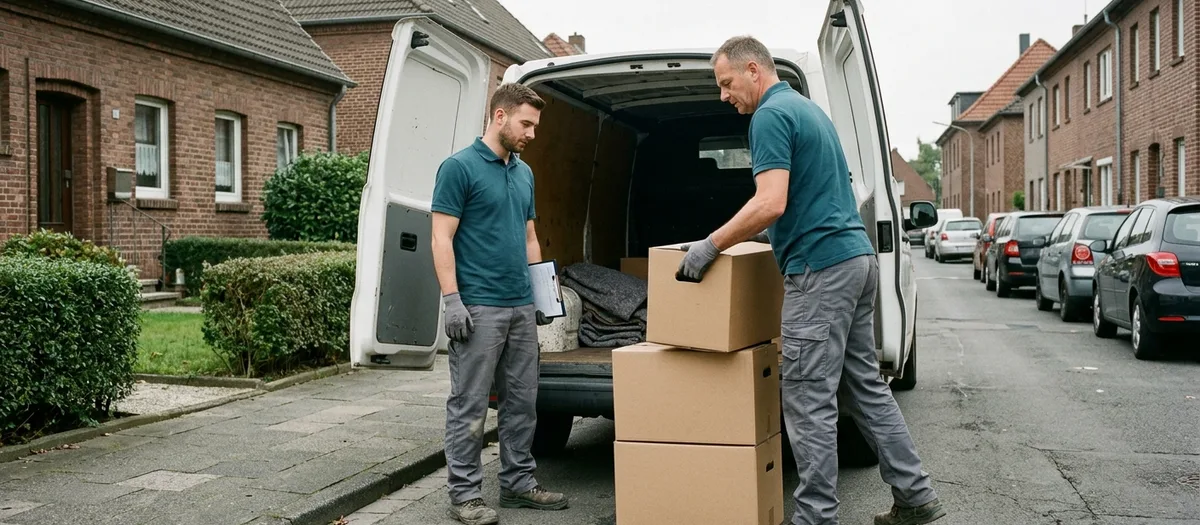 Helfer mit Klemmbrett am geöffneten Laderaum eines Transporters, im Hintergrund gestapelte Kartons