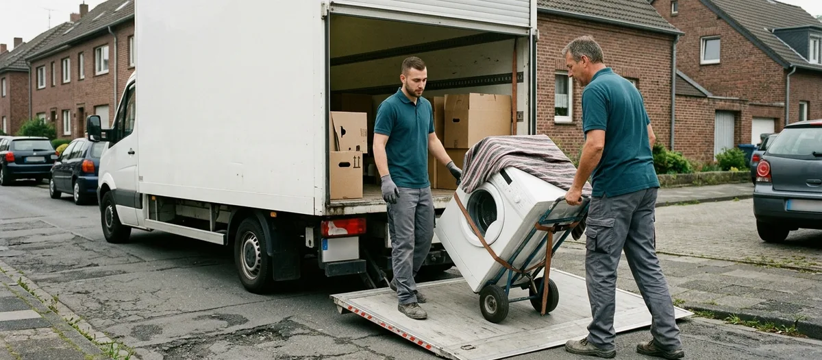 Kofferwagen mit abgesenkter Ladebordwand vor einer Siedlungszeile, zwei Helfer schieben eine Waschmaschine auf der Sackkarre hinauf