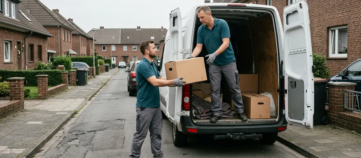 Helfer reicht einen Umzugskarton in einen gemieteten weißen Transporter, dessen Heckklappe offen steht
