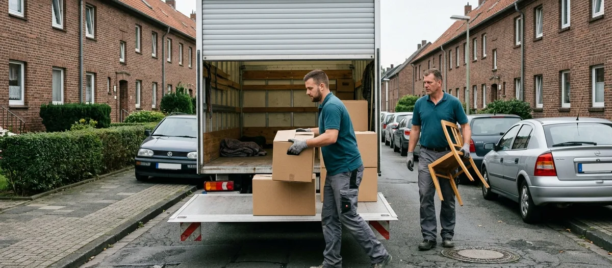 Helfer stapelt Kartons auf der Ladefläche eines Kofferwagens, daneben wartet ein zweiter mit einem Stuhl